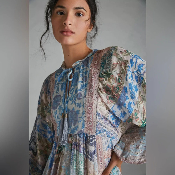 Anthropologie Sky Cressida Balloon Sleeve Midi Dress Tassel Beach Boho Fun Sz XS - Picture 4 of 14